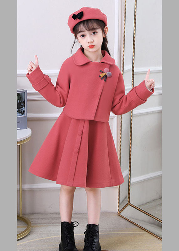 Dousha Red Peter Pan Collar Coats and Dress Cotton Kids Two Pieces Set Long Sleeve