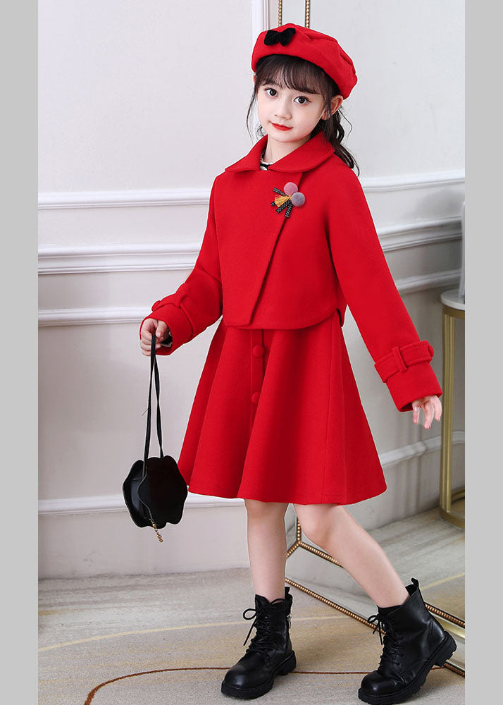 Dousha Red Peter Pan Collar Coats and Dress Cotton Kids Two Pieces Set Long Sleeve