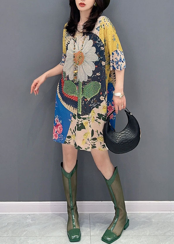O Neck Print Patchwork Cotton Mid Dress Summer