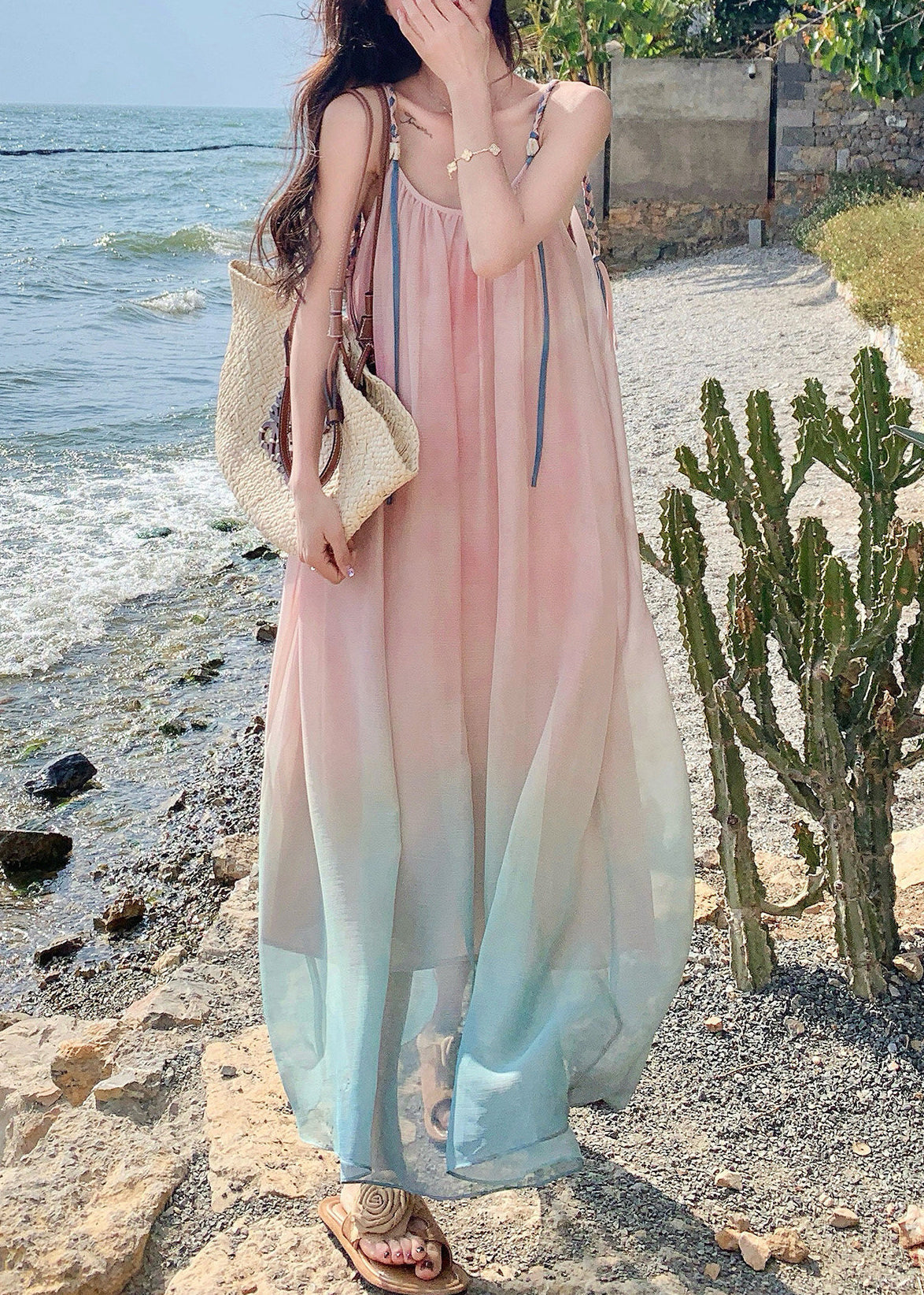 Gradient Pink Draping Chiffon Sundress Summer