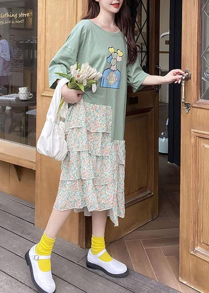 Green Asymmetric Print Ankle Dress Summer