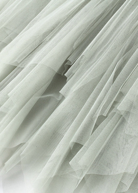 Green Asymmetrical Elastic Waist Tulle Pleated Skirt Summer