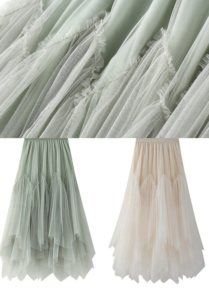 Green Asymmetrical Elastic Waist Tulle Pleated Skirt Summer