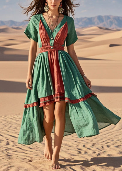 Green Asymmetrical Patchwork Cotton Vacation Dresses Summer