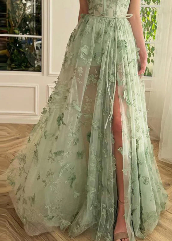 Green Butterfly Side Open Tulle Maxi Dresses Sleeveless