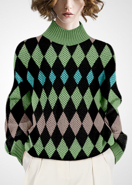 Green High Neck Print Wool Knitted Tops Winter