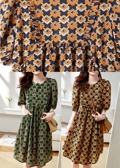 Green O-neck Print Chiffon Maxi Dress Summer