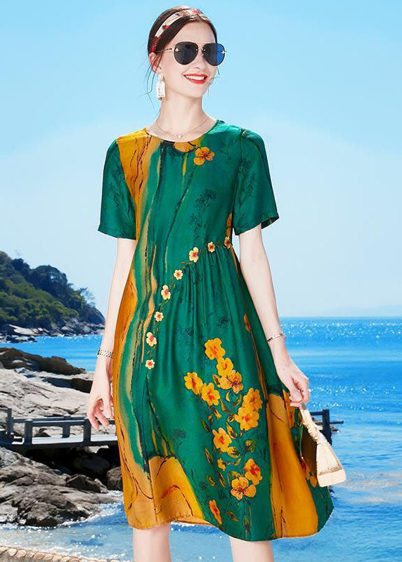 Green O-neck Wrinkled Print Draping Silk Party Dress Short Sleeve