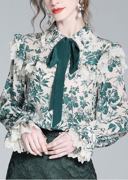 Green Peter Pan Collar Print Button Silk Shirt Long Sleeve