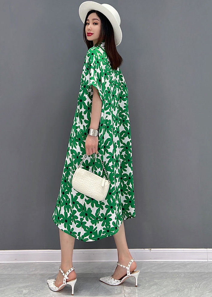 Green Peter Pan Collar Print Shirt Dress Short Sleeve