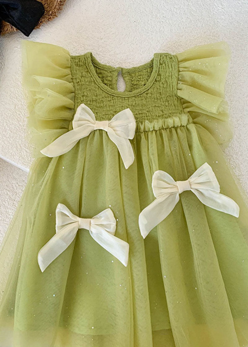 Green Ruffled Bow Patchwork Tulle Kids Princess Dress Summer