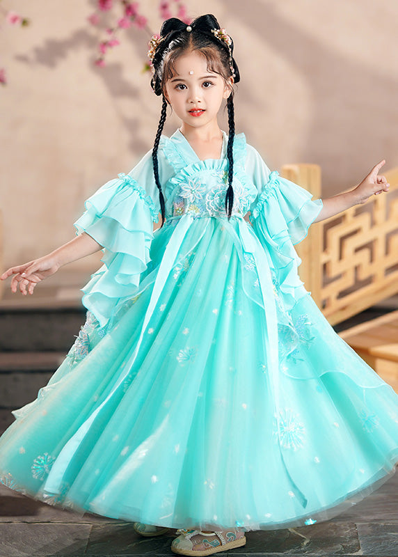 Green Ruffled Patchwork Snow Embroideried Tulle Kids Long Dress Summer