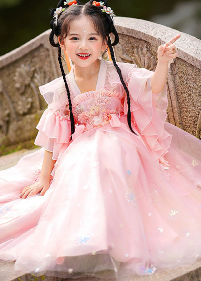 Green Ruffled Patchwork Snow Embroideried Tulle Kids Long Dress Summer
