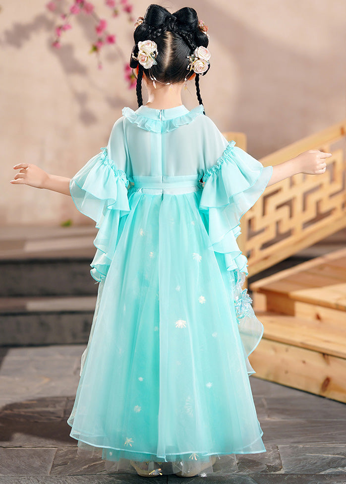 Green Ruffled Patchwork Snow Embroideried Tulle Kids Long Dress Summer