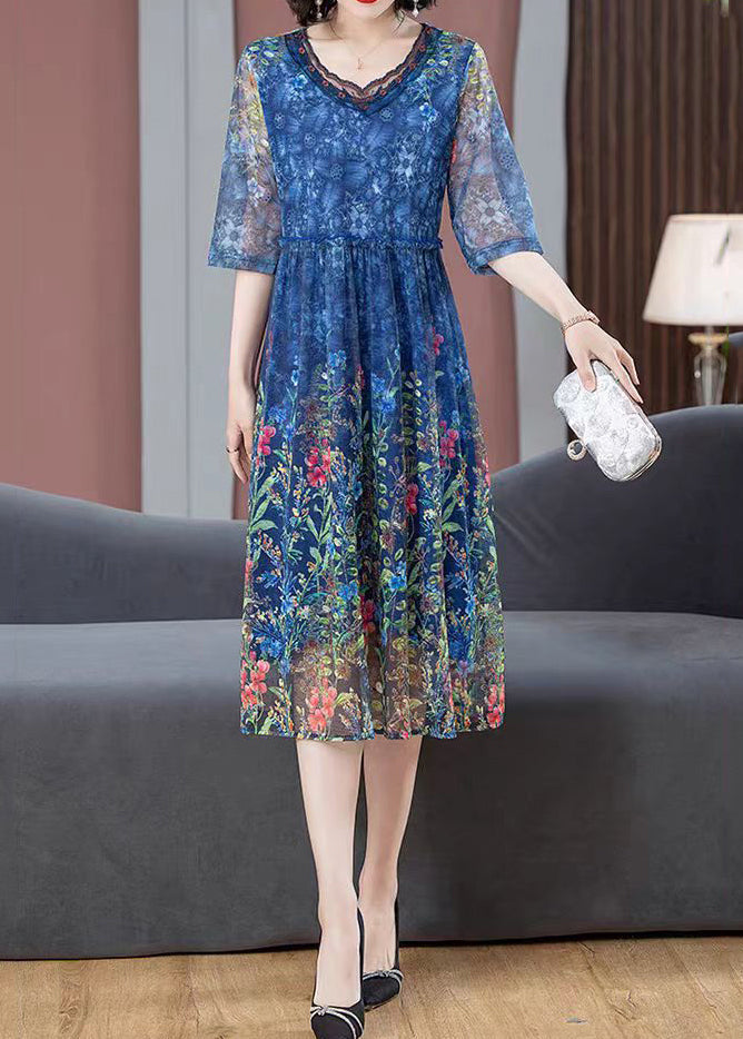 Green Ruffled Print Tulle Dress Half Sleeve