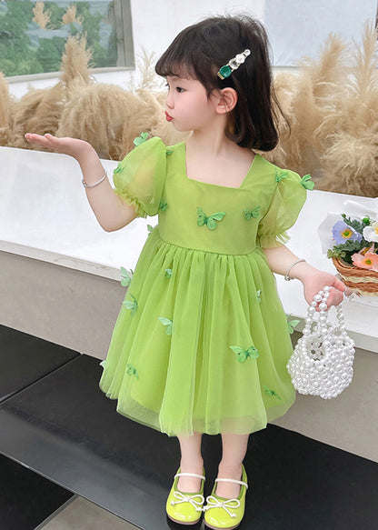 Green Square Collar Patchwork Tulle Long Dresses Short Sleeve