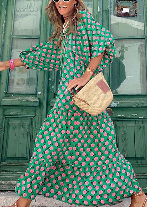 Green V Neck Print Cotton Long Dresses Puff Sleeve