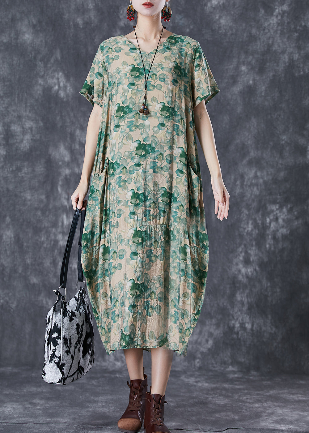 Green V Neck Print Linen Robe Dresses Summer