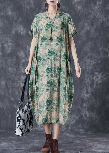 Green V Neck Print Linen Robe Dresses Summer