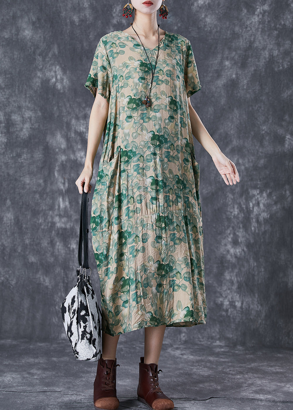 Green V Neck Print Linen Robe Dresses Summer