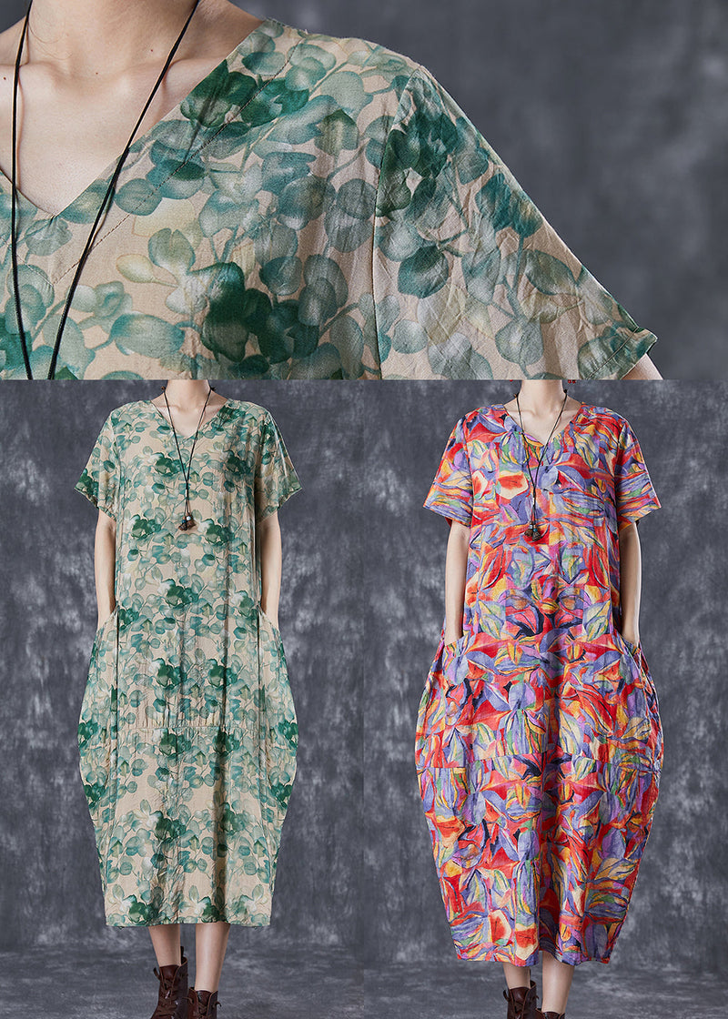 Green V Neck Print Linen Robe Dresses Summer