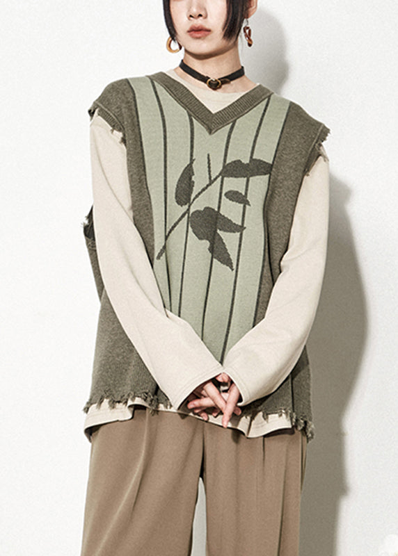 Green V Neck Print Thick Knit Waistcoat Fall