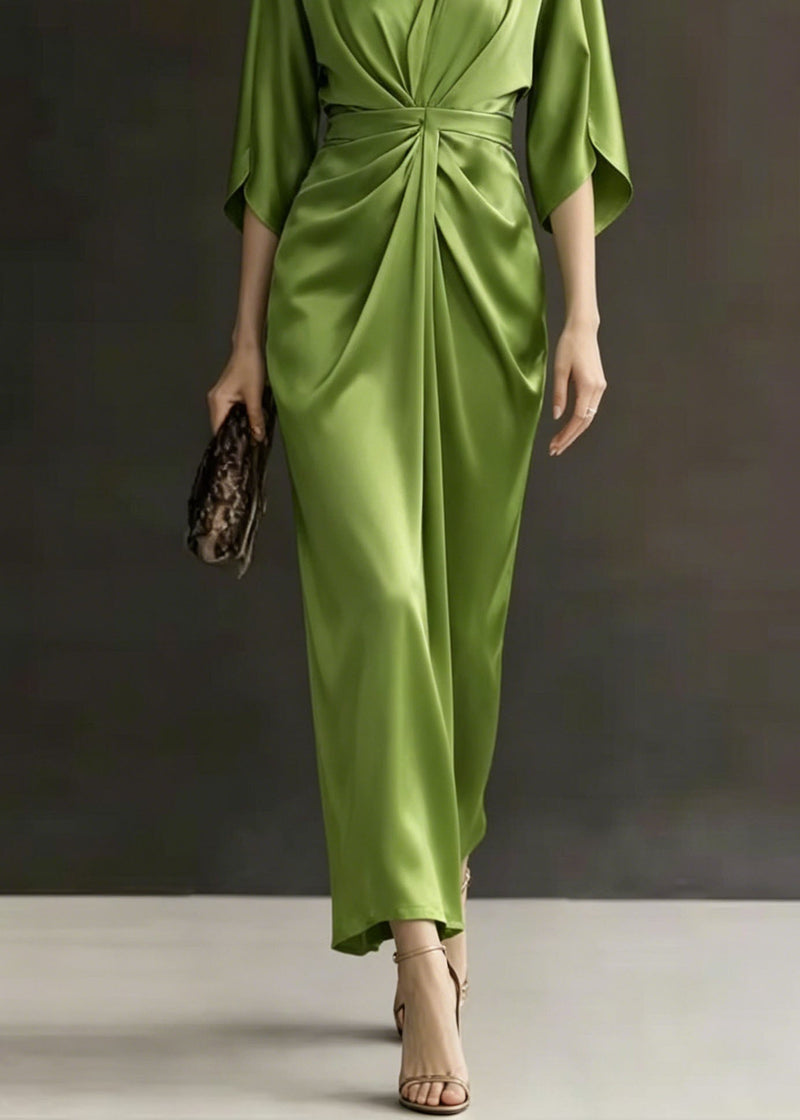 Green V Neck Wrinkled Silk Dress Batwing Sleeve