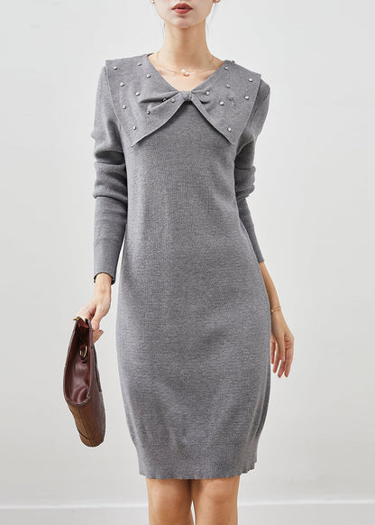 Grey Butterfly Collar Silm Fit Knit Sweater Dress Spring