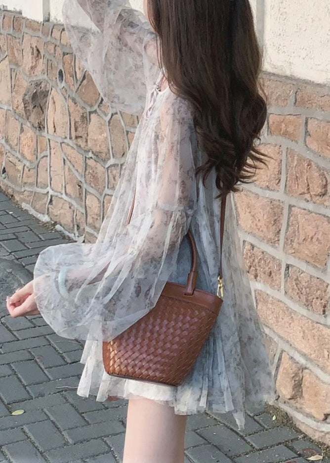 Grey Lace Up Print Tulle Mid Dress Long Sleeve