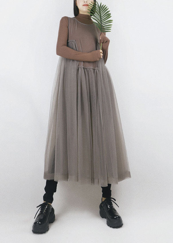 Grey O-neck Asymmetrical Design Tulle Long Dress Sleeveless