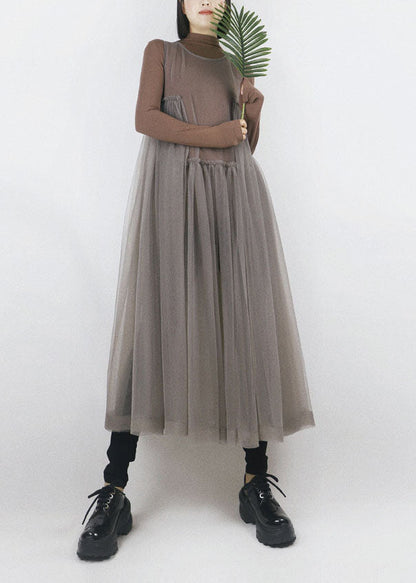 Grey O-neck Asymmetrical Design Tulle Long Dress Sleeveless