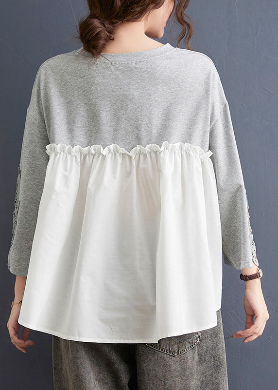 Grey O Neck Hollow Out Embroideried Patchwork Cotton T Shirt Top Summer