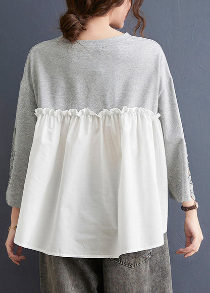 Grey O Neck Hollow Out Embroideried Patchwork Cotton T Shirt Top Summer
