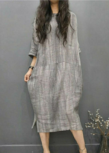 Green Text O-neck Wrinkled Side Open Linen Long Dress Batwing Sleeve