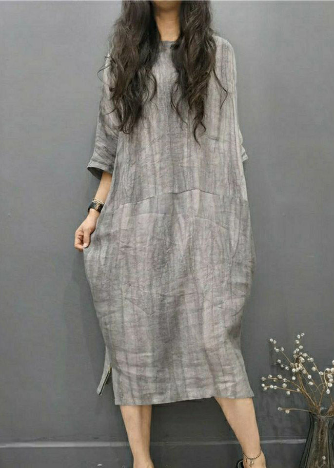 Gray Geometry O-neck Wrinkled Side Open Linen Long Dress Batwing Sleeve
