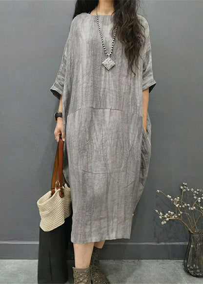 Green Text O-neck Wrinkled Side Open Linen Long Dress Batwing Sleeve