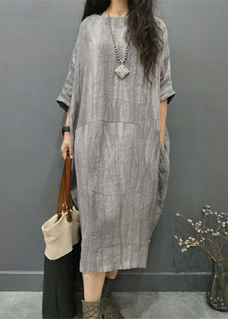 Gray Geometry O-neck Wrinkled Side Open Linen Long Dress Batwing Sleeve