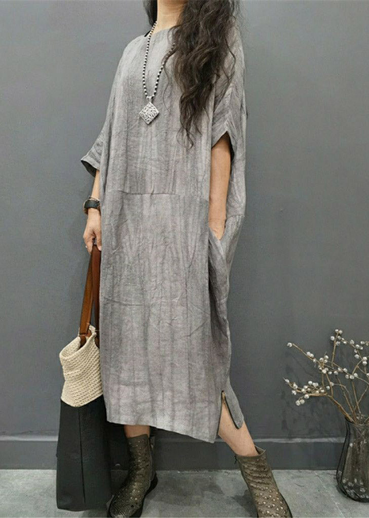 Green Text O-neck Wrinkled Side Open Linen Long Dress Batwing Sleeve