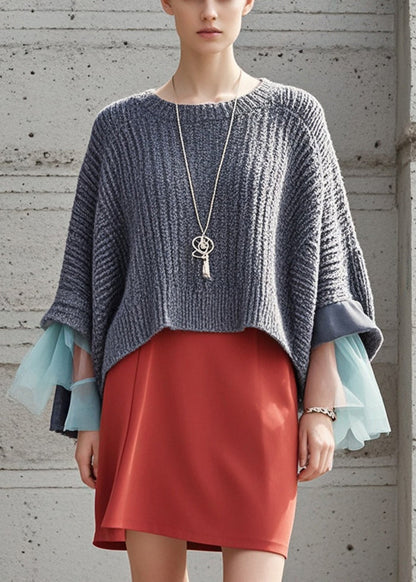 Grey Oversized Patchwork Knit Pullover Fall