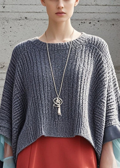 Grey Oversized Patchwork Knit Pullover Fall