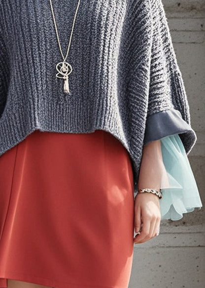 Grey Oversized Patchwork Knit Pullover Fall