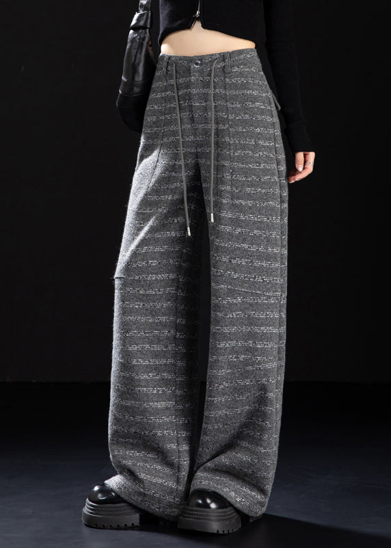 Grey Pockets Striped Woolen Wide Leg Pants Winter