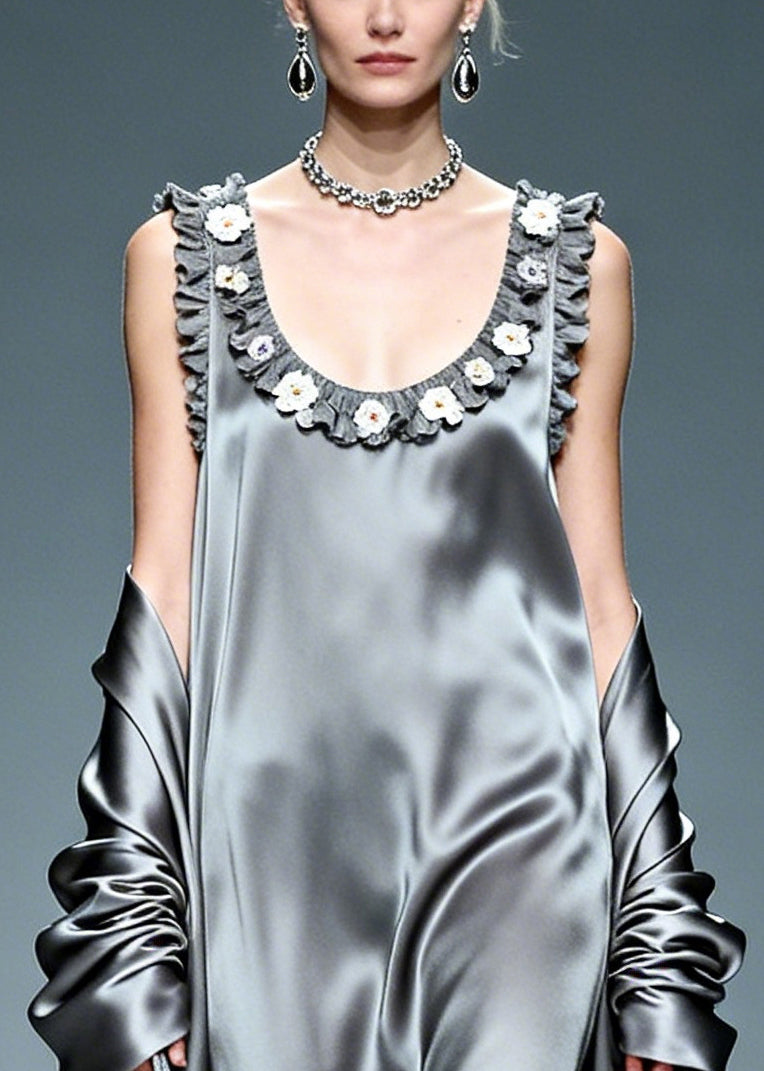 Grey Ruffled Silk Vacation Dresses Summer