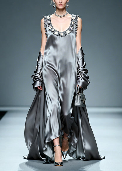 Grey Ruffled Silk Vacation Dresses Summer