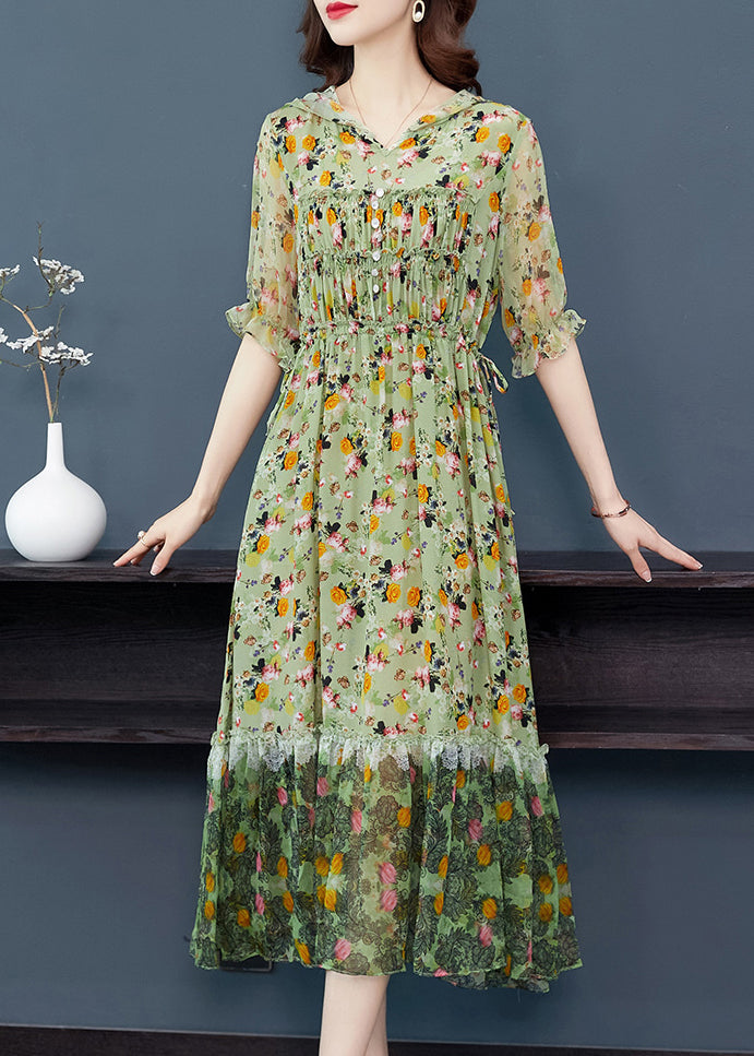 Grey Ruffled Print Patchwork Silk Long Dresses Summer