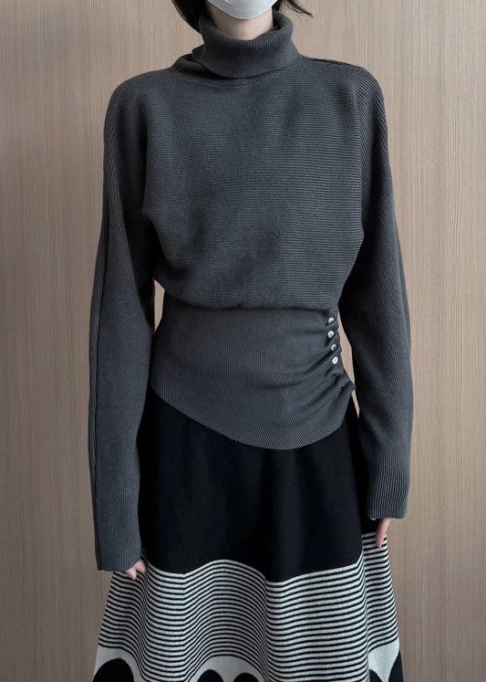 Grey Turtle Neck Asymmetrical Design Knit Pullover Winter
