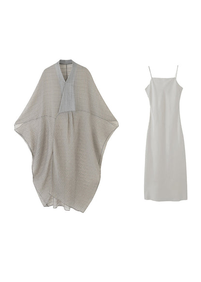 Grey V Neck Patchwork Dress Two Piece Set Summer