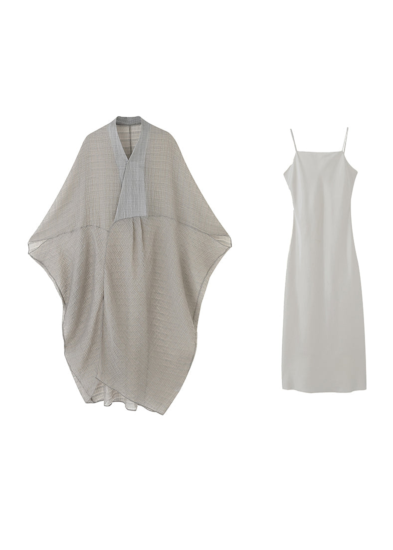 Grey V Neck Patchwork Dress Two Piece Set Summer