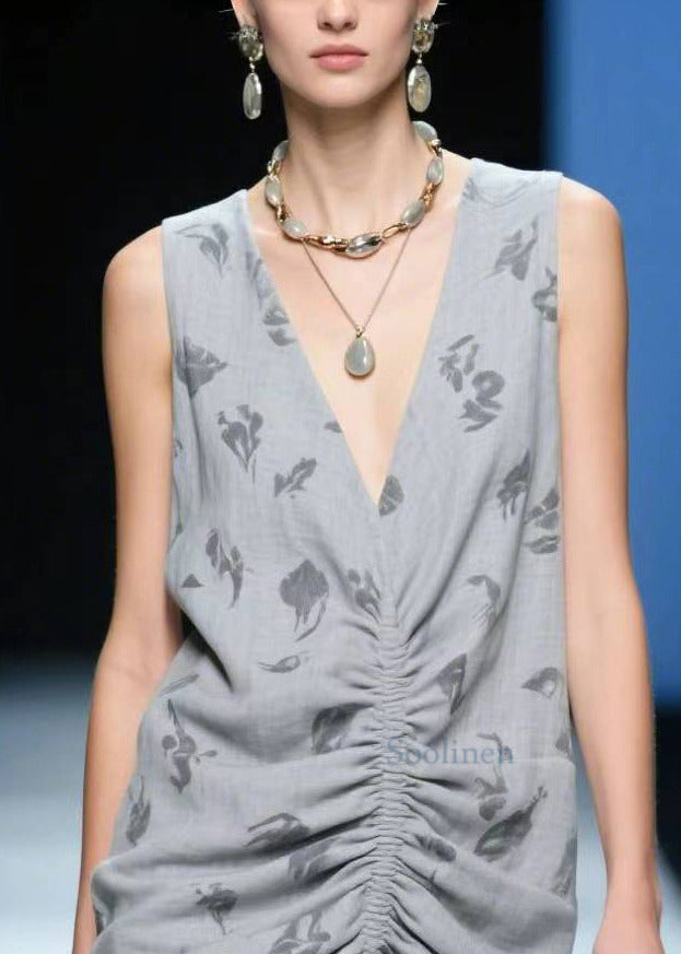 Grey Wrinkled Side Open Cotton Tea Dress Summer