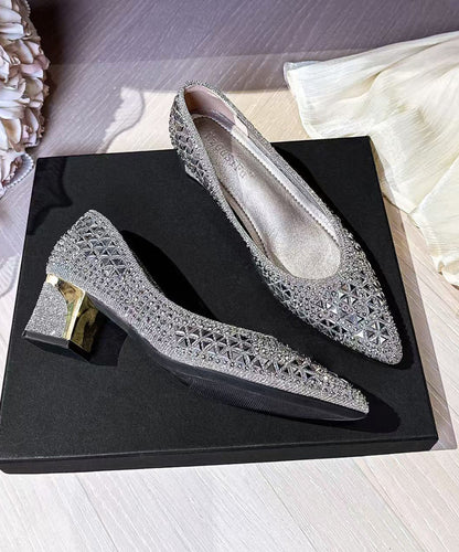 Hollow Out Chunky High Heels Silvery Faux Leather